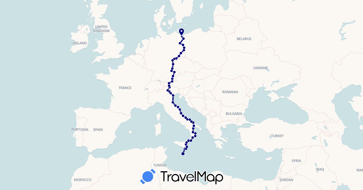 TravelMap itinerary: driving in Austria, Germany, Italy, Malta, Poland (Europe)
